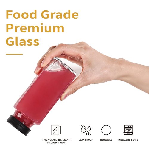 15 Pack 8 oz Glass Juice Bottles with Black Lids & Labels, Reusable Travel Juice Storage Containers, Clear Glass Drink Jars for Juicing, Water, Ginger, Wellness Shots - Leakproof, Dishwasher Safe
