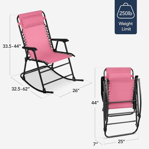 Best Choice Products Outdoor Zero Gravity Rocking Chair - Folding Reclining Patio Lounge with Adjustable Pillow - Pink