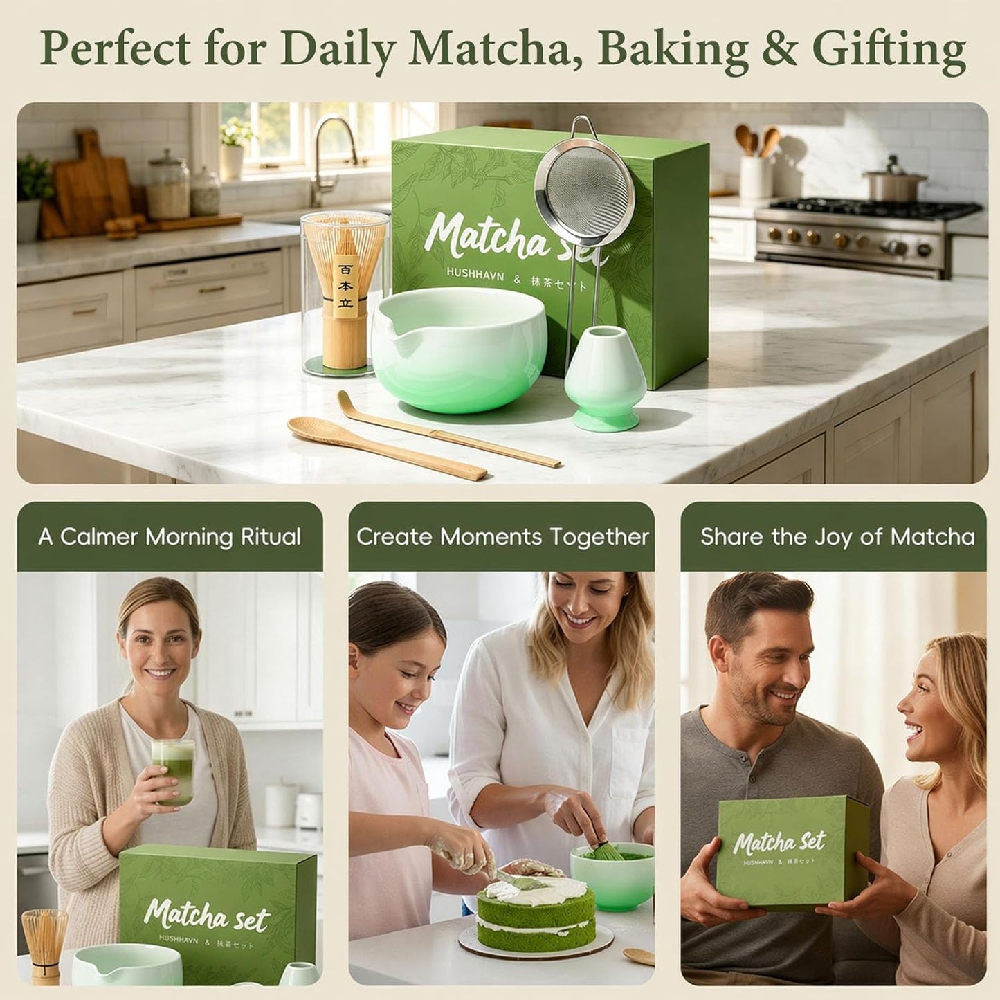Skiennix Matcha Whisk Set - Complete 6PCS Ceramic Kit with Bamboo Whisk, Bowl, and Sifter | Green