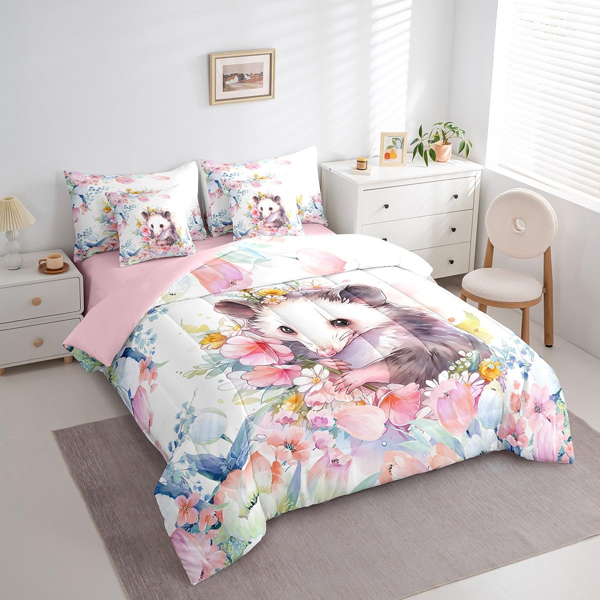 Feelyou Cute Opossum Comforter Set Twin 7 Pcs Cartoon Animal Theme Bedding Set Flower Floral Print Farmhouse Zoo Wildlife Style Decor Bed in a Bag with Comforter, Sheets, Pillowcases & Cushion Cover