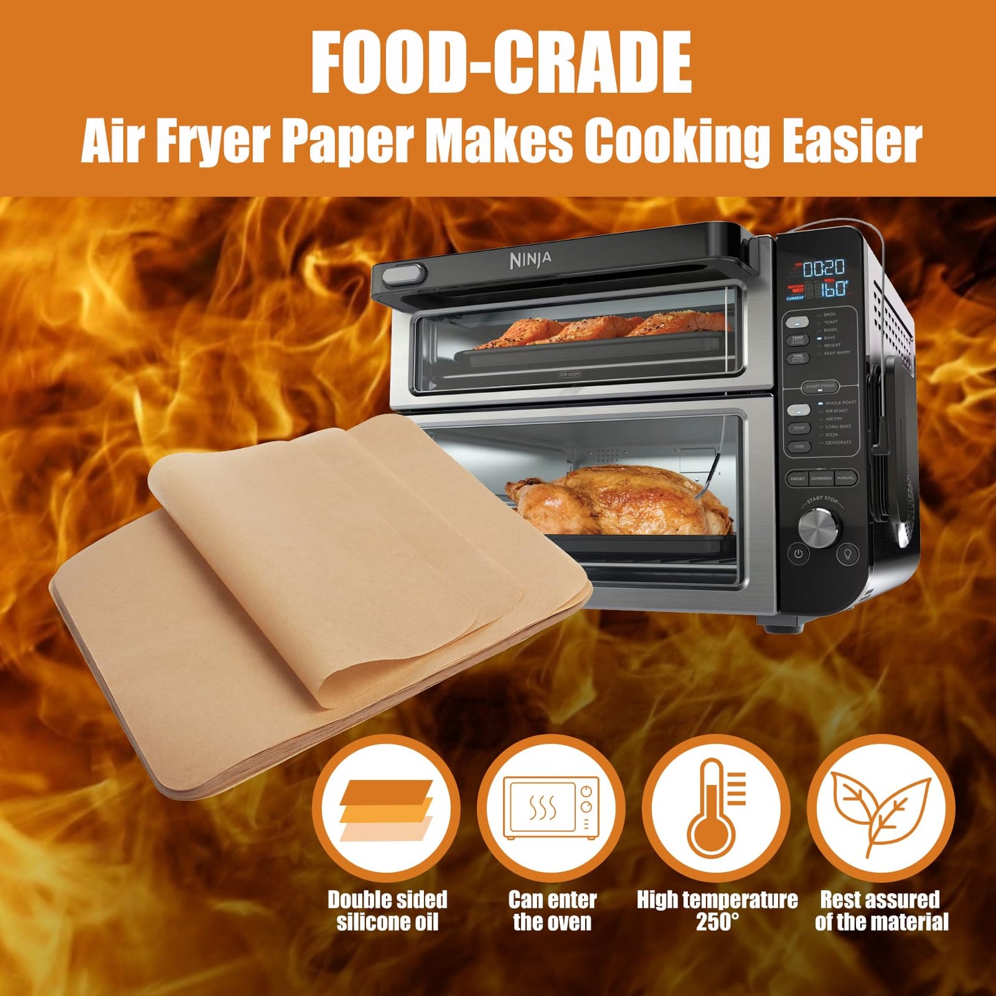 Air Fryer Parchment Paper for Ninja 12-in-1 Double Oven DCT451 DCT401 DCT601 DCT651, 100PCS Air Fryer Disposable Liners for Ninja Foodi Airfryer Combo