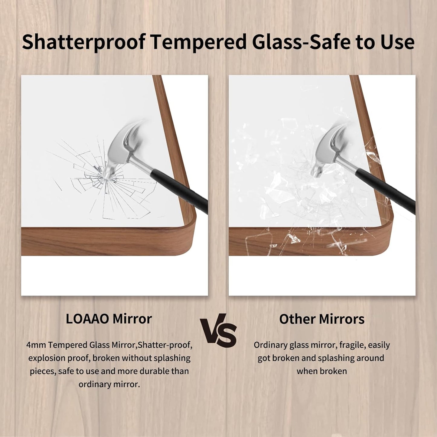 LOAAO Bathroom Mirror - 40x32 Inch Rounded Rectangle Design with Wood Grain Metal Frame | Anti-Rust, Versatile Hanging Options