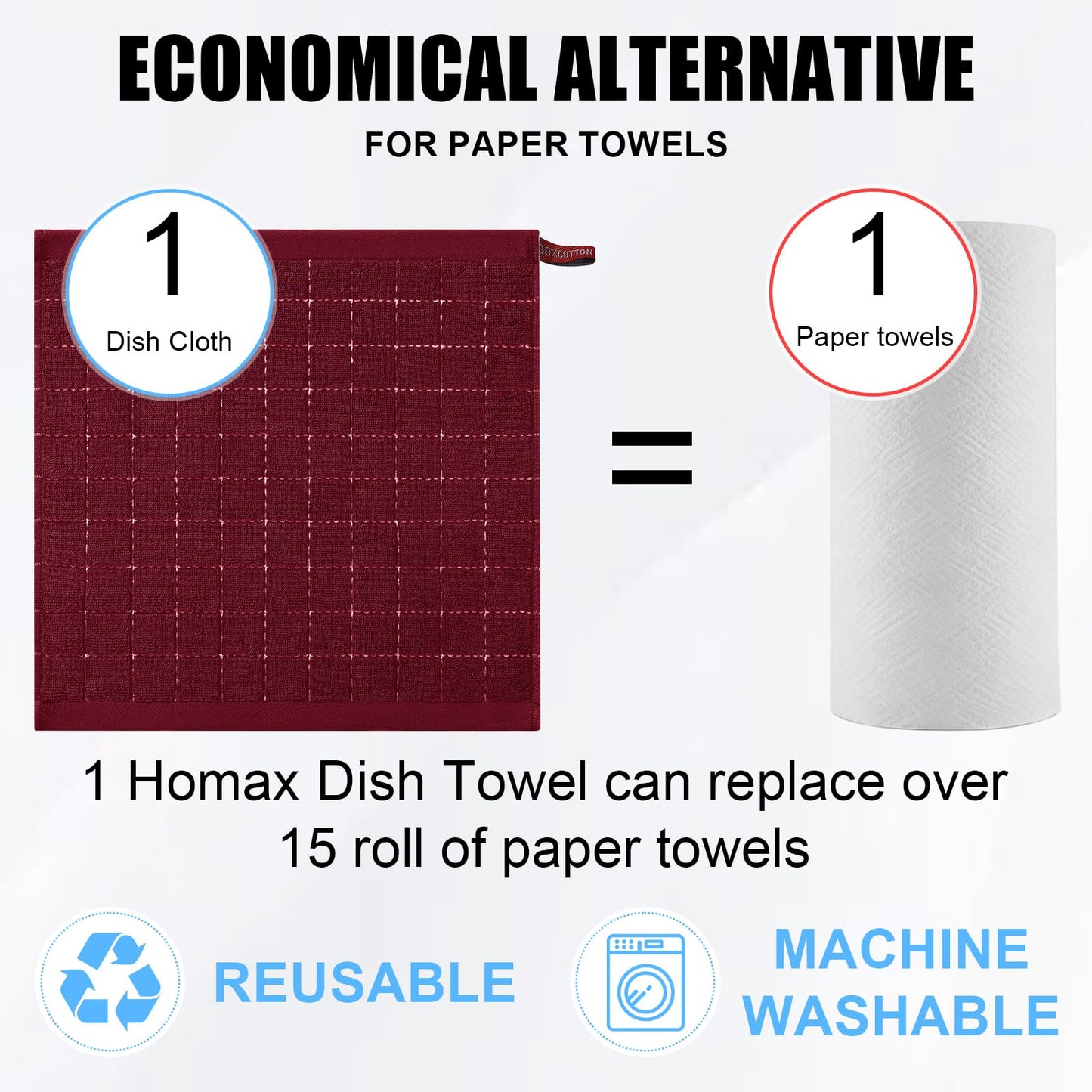 Homaxy 100% Cotton Terry Kitchen Dish Cloths, Ultra Soft and Absorbent Dish Towels for Kitchen, Suitable for Drying and Washing Dishes, 6 Pack, 12 x 12 Inches, Burgundy Red