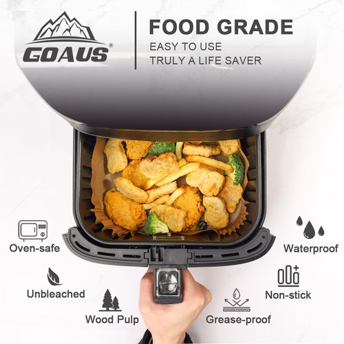 GOAUS Air Fryer Square Paper Liners Disposable Large 150 Pcs for 5 to 8 Qt Basket, 7.9 inch Unbleached Non-stick Oil-proof Parchment Paper