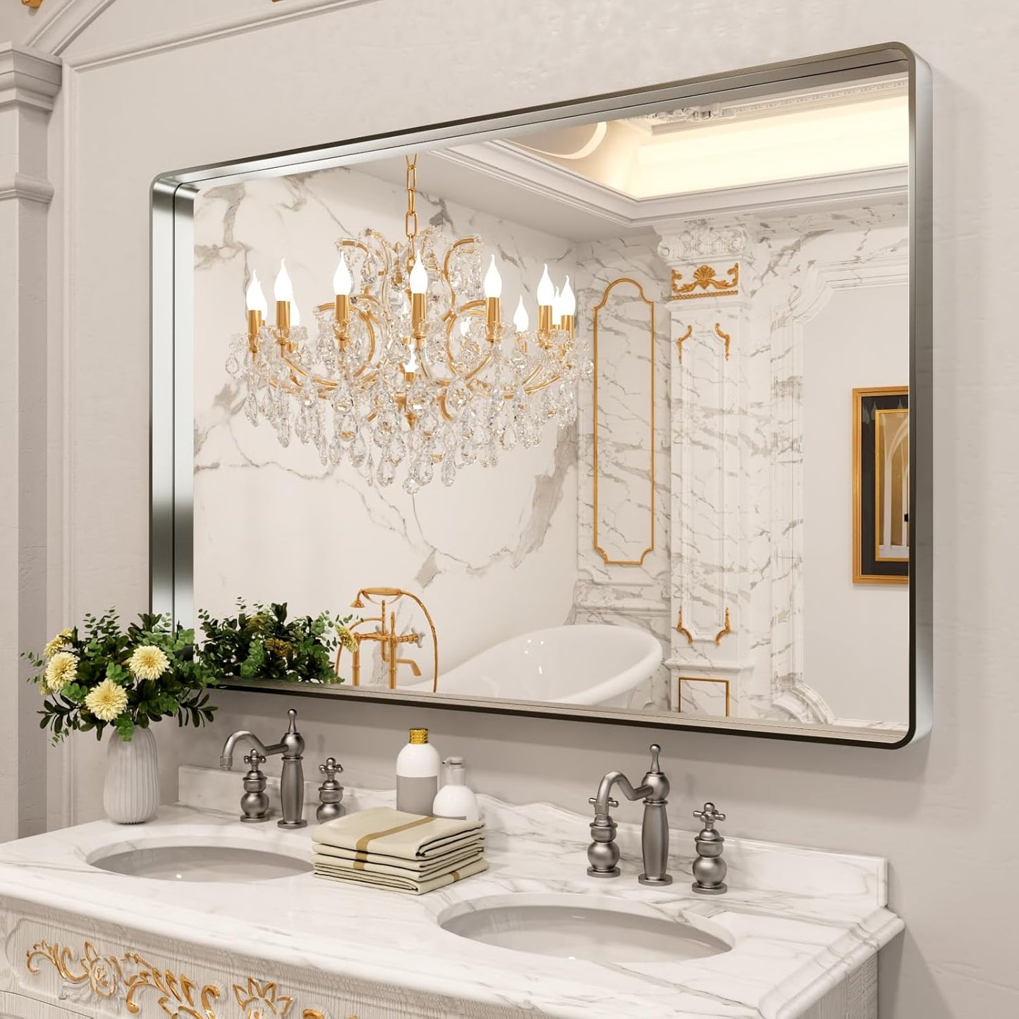 LOAAO Brushed Nickel Bathroom Mirror - 60x40 Inch Rounded Rectangle Design | Anti-Rust, Shatter-Proof, Versatile Hanging Options