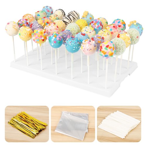 Cake Pop Display Stand Holder - 35 Holes Large Capacity White Lollipop Holder with 100 Pcs Sticks, Treat Bags & Gold Ties - Complete Cakepop Kit for Dessert Table, Wedding, Birthday Party