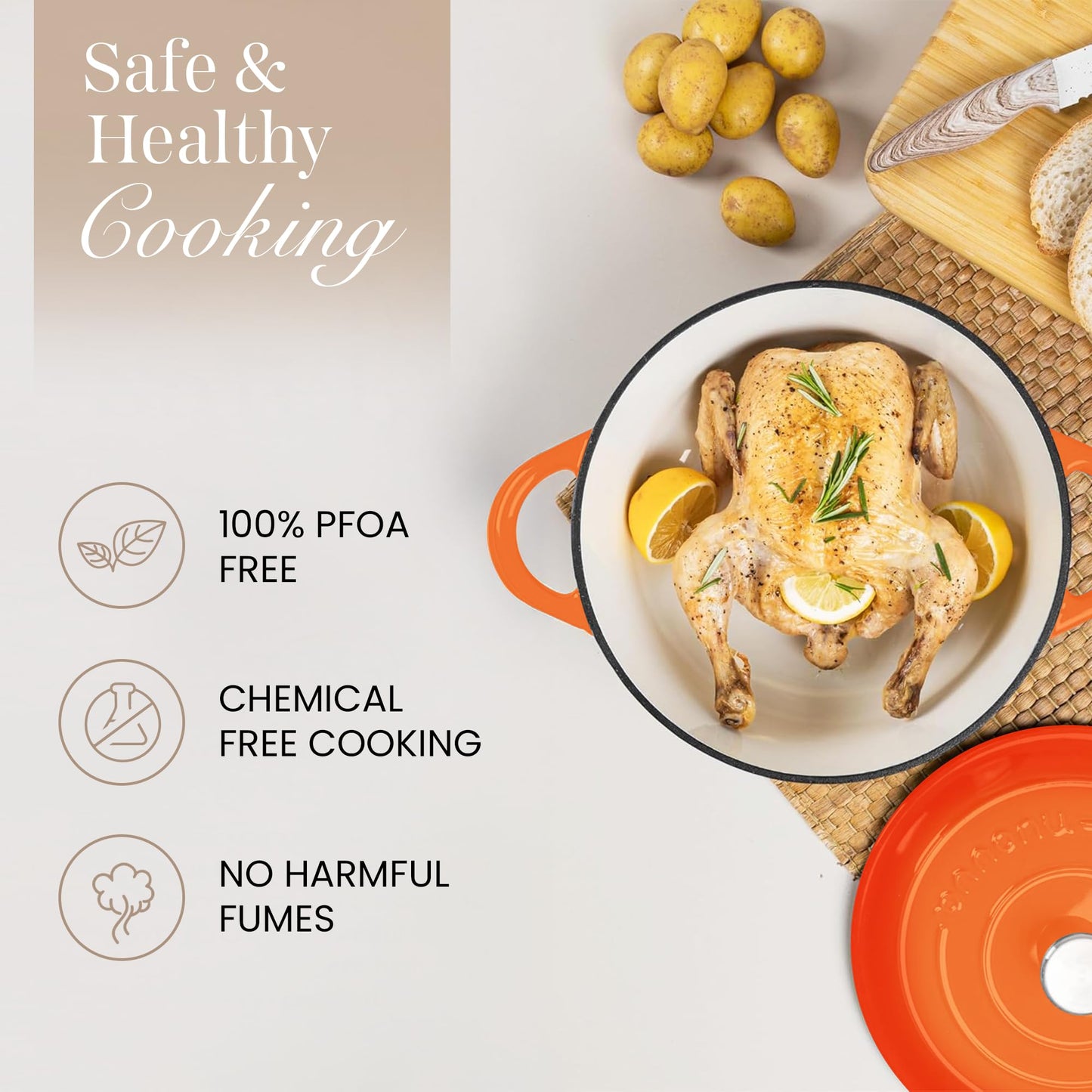 Cast Iron Dutch Oven with Lid – Non-Stick Ovenproof Enamelled Casserole Pot – Sturdy Dutch Oven Cookware – Orange, 7.3-Quart, 30cm – by Nuovva