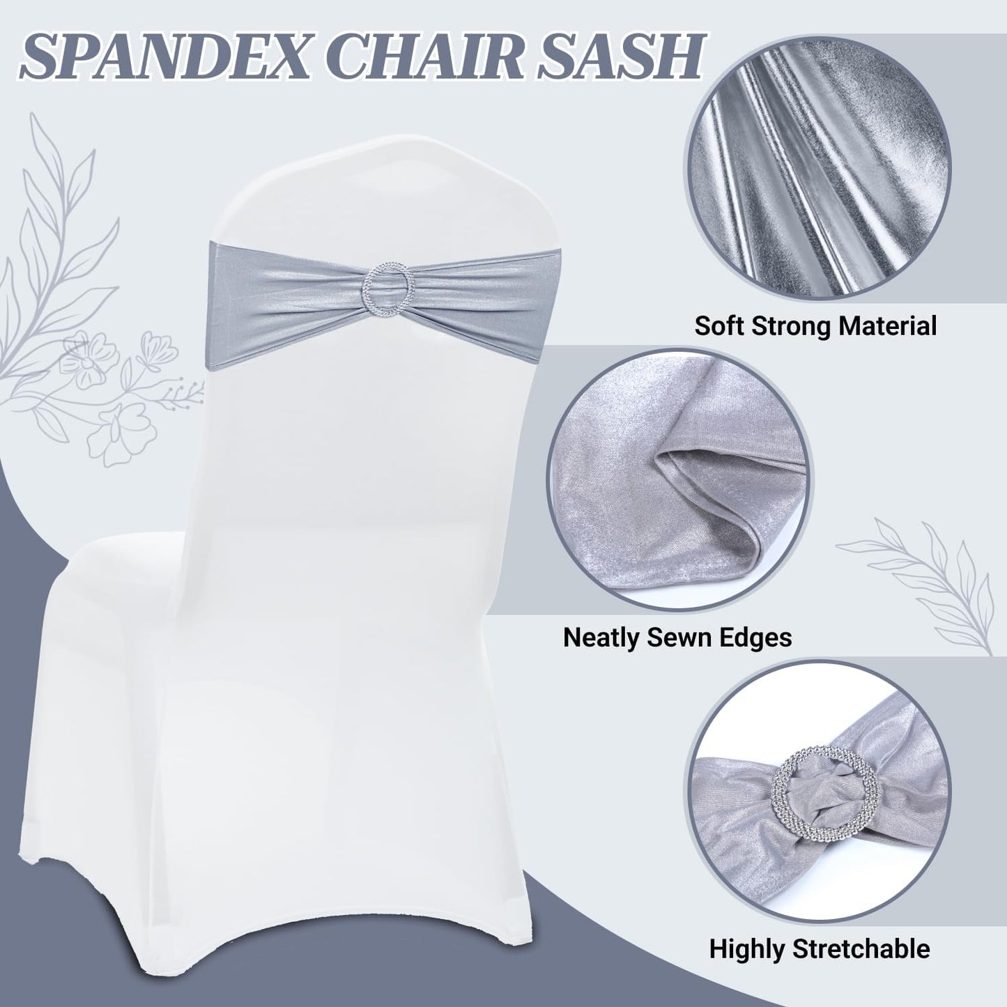 MDS Spandex Foil Chair Sashes - Universal Elastic Stretch Bands with Buckle for Weddings | Metallic Silver, Pack of 125