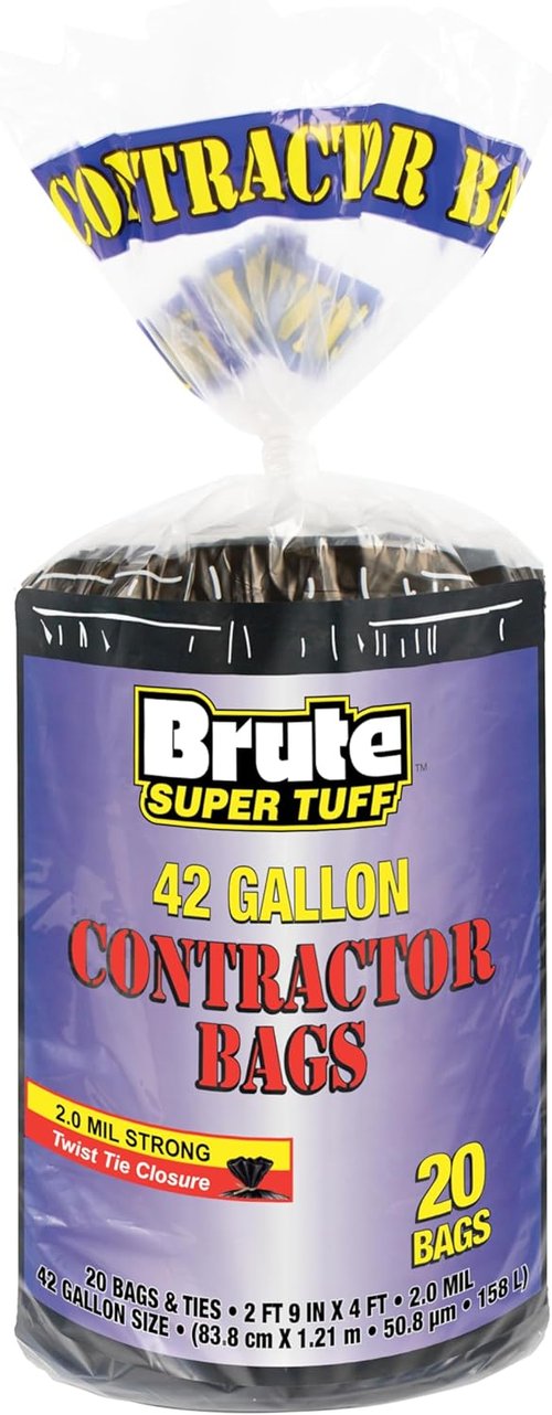 Brute Super Tuff Heavy Duty Contractor Bags - 42 Gallon, Black, 20 Count with Twist Tie Closure
