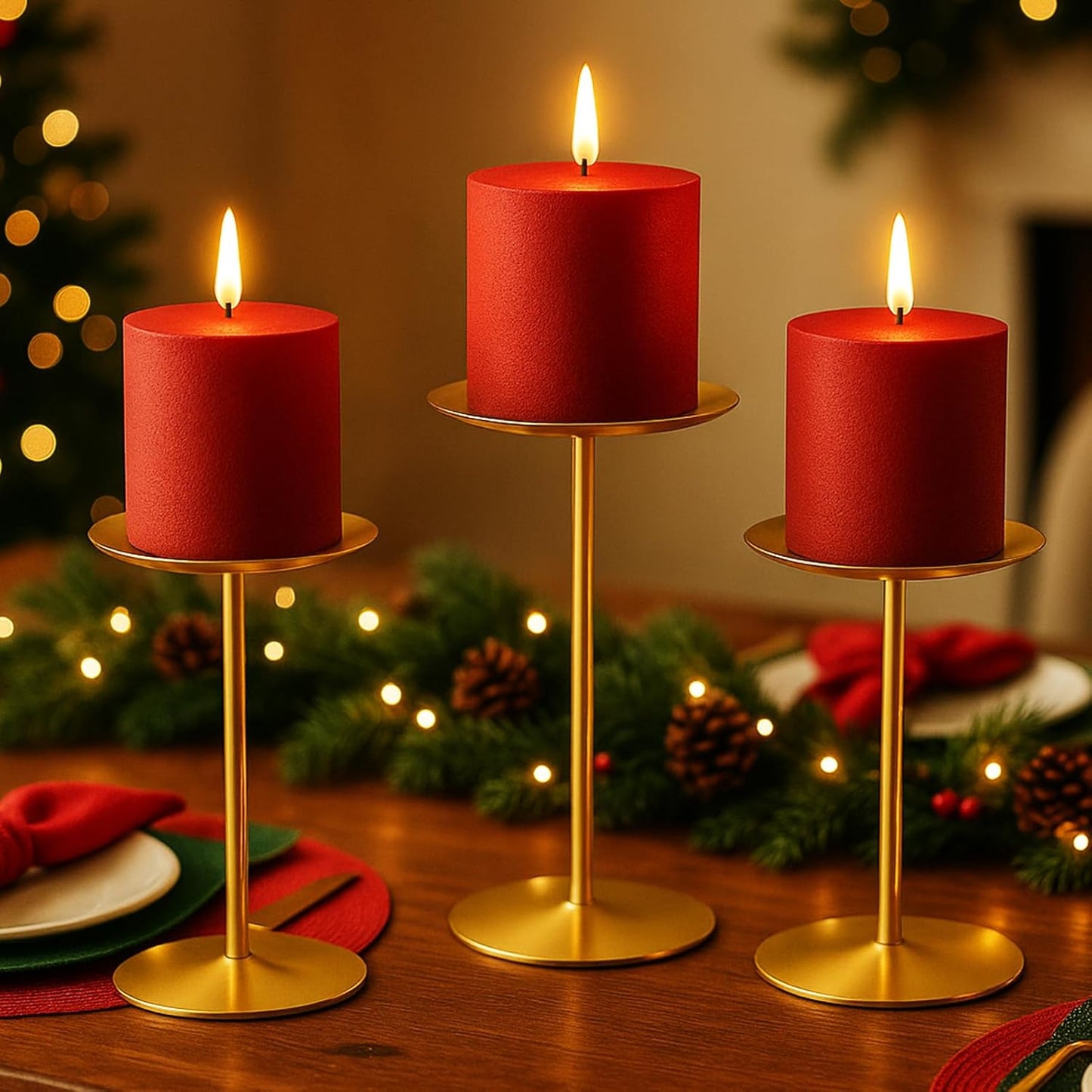 Smtyle Gold Metal Candle Holder Set - Elegant Pillar Candle Holders for Weddings | Minimalist Farmhouse Decor (Set of 3)