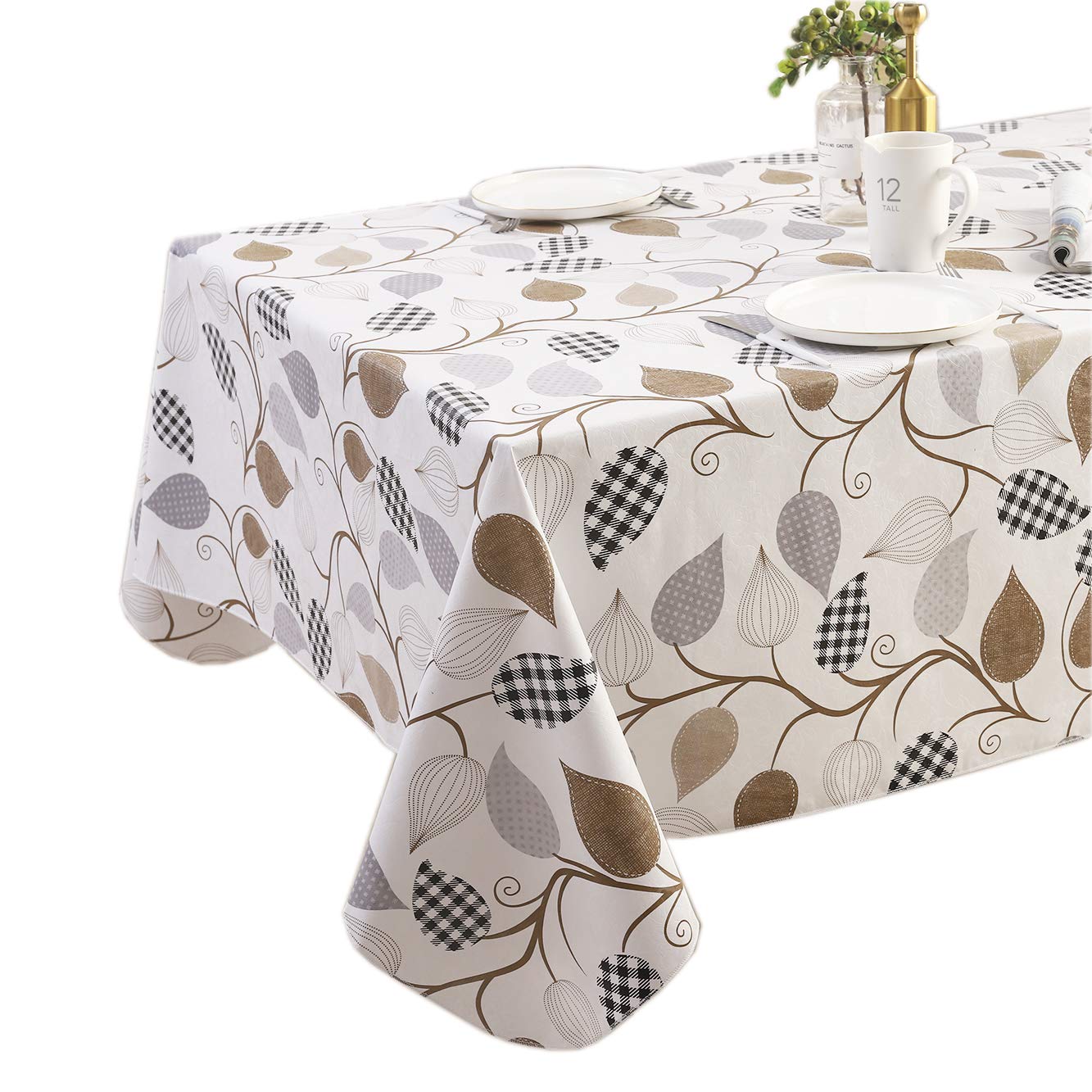 Walrus Heavy Duty Vinyl Tablecloth with Flannel Backing Waterproof Oil-Proof Plastic Table Cloth Stain-Resistant Wipeable Rectangle or Square Table Cover for Indoor and Outdoor (Leaves, 60X84 Inch)