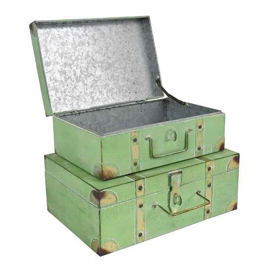 Z² BellaDecor Vintage Metal Storage Trunks - Set of 2, Antique Decorative Storage Chests with Lids, Decorative Suitcase Boxes, Vintage Suitcases for Keepsakes and Home Decor, Green