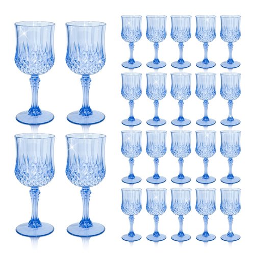 CHLJAR 24 PCS Plastic Blue Wine Glasses Goblets Blue Vintage Wine Glasses, Reusable Drinkware Vintage Champagne, Plastic Goblets for Parties for Wedding Reception Grand Event Party, 7oz