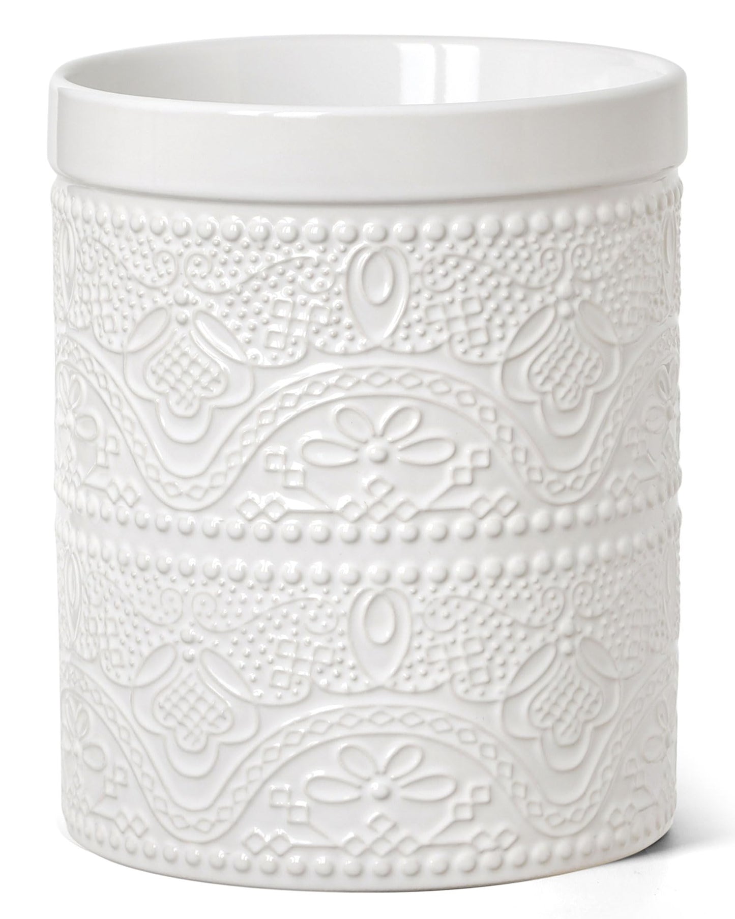 FUN ELEMENTS Kitchen Utensil Holder, 7.2" Super Large Utensil Crock Heavy and Stable Lace Emboss Ceramic Utensil Holder for Kitchen Counter (Bright White)