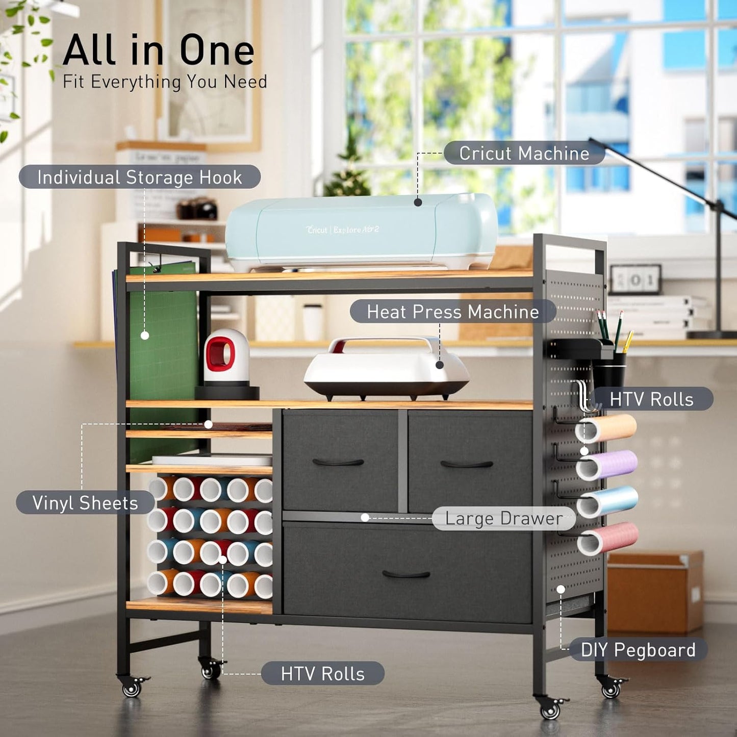PUNLUXU Vinyl Roll Holder & Craft Organizer - Compatible with Cricut Machines | Rolling Storage Table PU-03