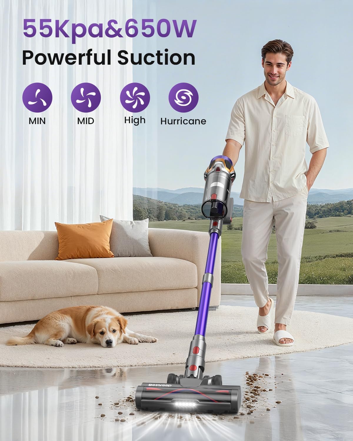 Skiennix Cordless Vacuum Cleaner - 55Kpa Suction Power, 70-Minute Runtime, Touch Screen | Self-Standing Design for Home & Pet Hair