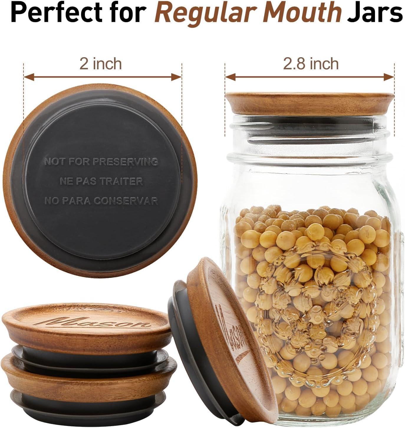 6 Pcs Acacia Wood Mason Jar Lids Regular Mouth Canning Jars Supplies Decorative Small Mouth Mason Jar with Wooden Lid Silicone Reusable Can Lids for Jars Tops Glass Cover Canning Accessories