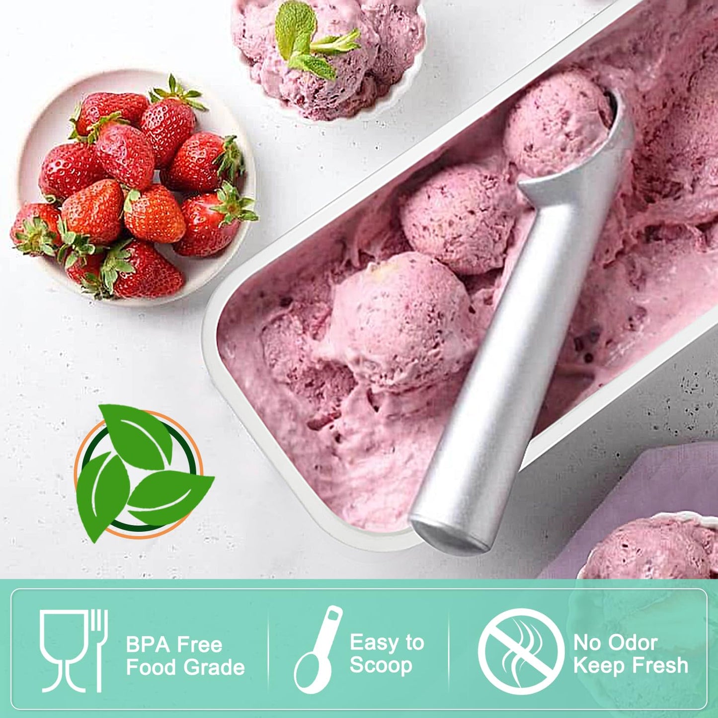 Walfos Ice Cream Containers - 1.6 Quart Each, Reusable Homemade Ice Cream Tubs with Silicone Lids, Stackable Freezer Storage Container for Yogurt, Sorbet, Gelato, Bonus 2 Bands, 12 Stickers, Set of 2