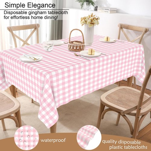6 Pcs Pink Gingham Tablecloth Pink Disposable Plastic Checkered Table Cloths for Parties Disposable, Waterproof Rectangular Pink & White Table Cover for Camping, Birthday, Party, Picnic 54 × 108 Inch