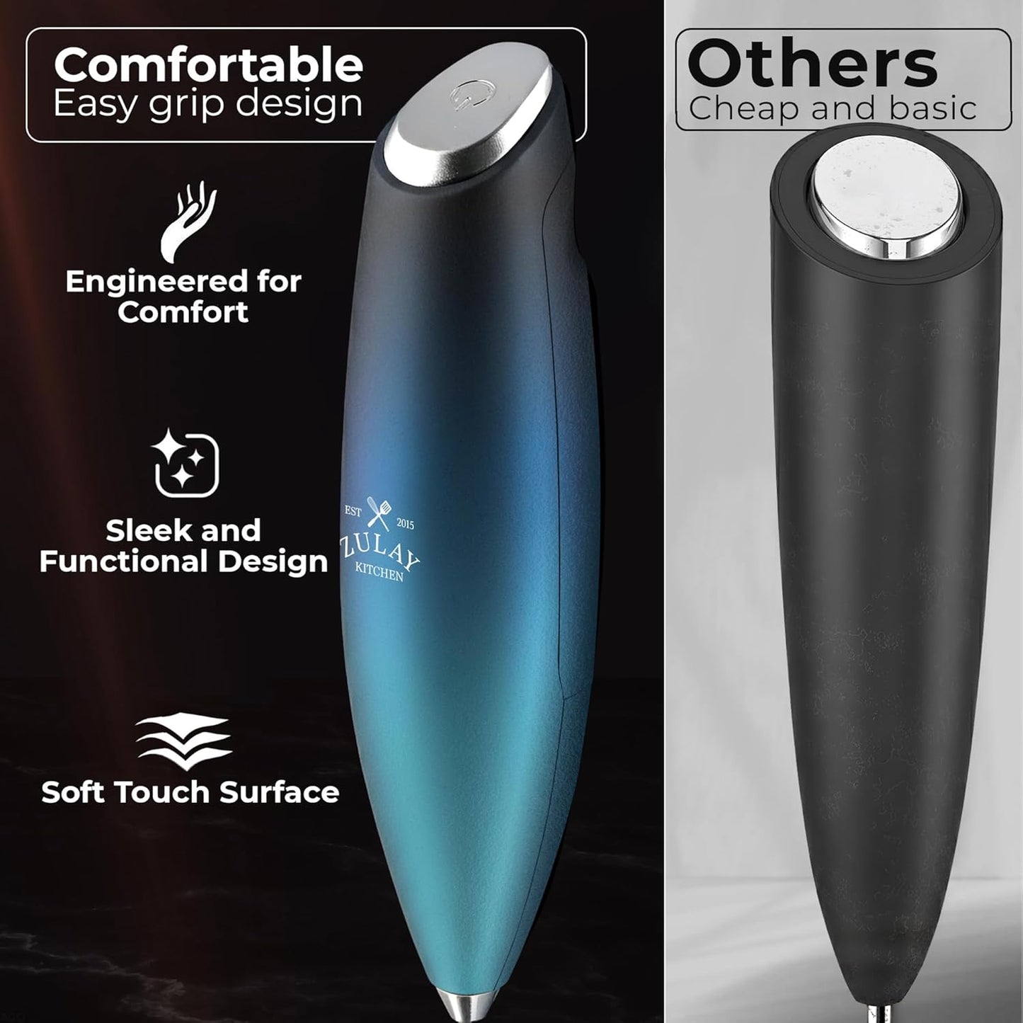 Zulay Kitchen Tornado Triple Whisk Milk Frother - Handheld Foam Maker for Coffee & Lattes - Sea Depth