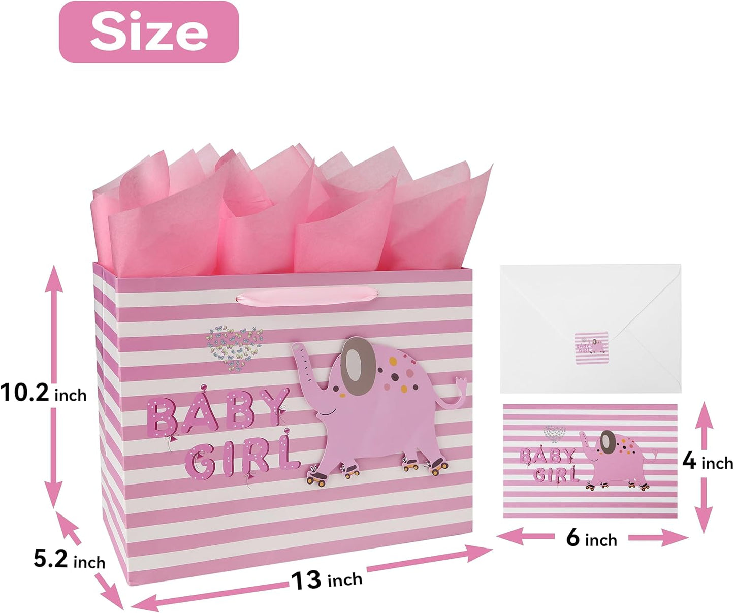 Wishinside 13" Large Pink Gift Bag Set - 3D Elephant Design with Greeting Card & Tissue Paper for Baby Girl, Baby Shower, Kids Birthday Party