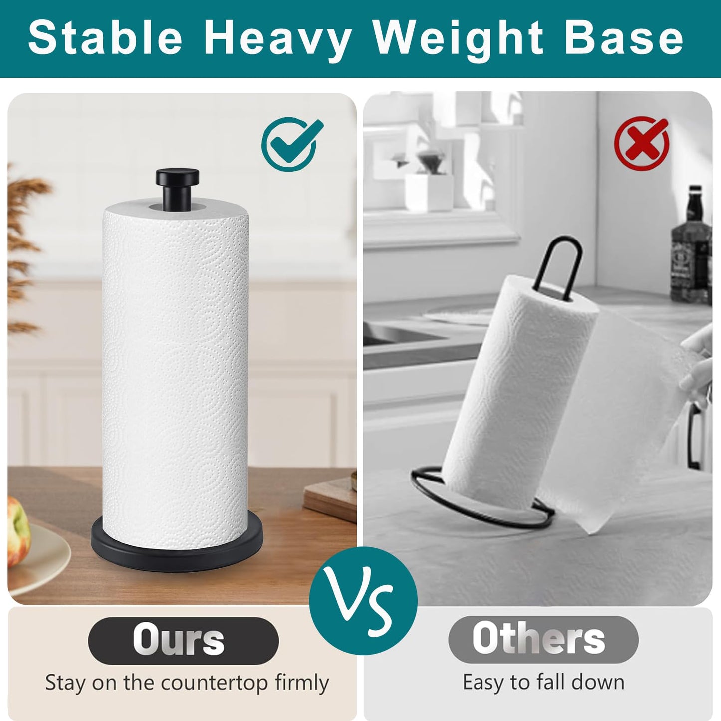Paper Towel Holder Countertop, Kitchen Roll Holder, Stainless Steel Black Paper Towel Holders for Kitchen Organization, Paper Towel Dispenser Standing Weighted Base for One-Handed Operation