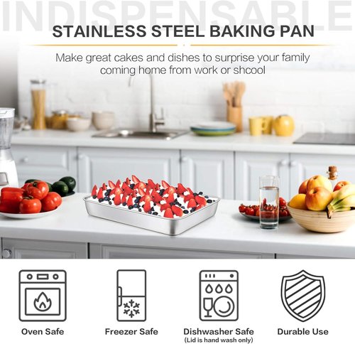 E-far Stainless Steel Baking Pan - Heavy Duty Rectangle Sheet Cake Pans with Lids | 12⅓ x 9¾ x 2 Inch - Set of 2