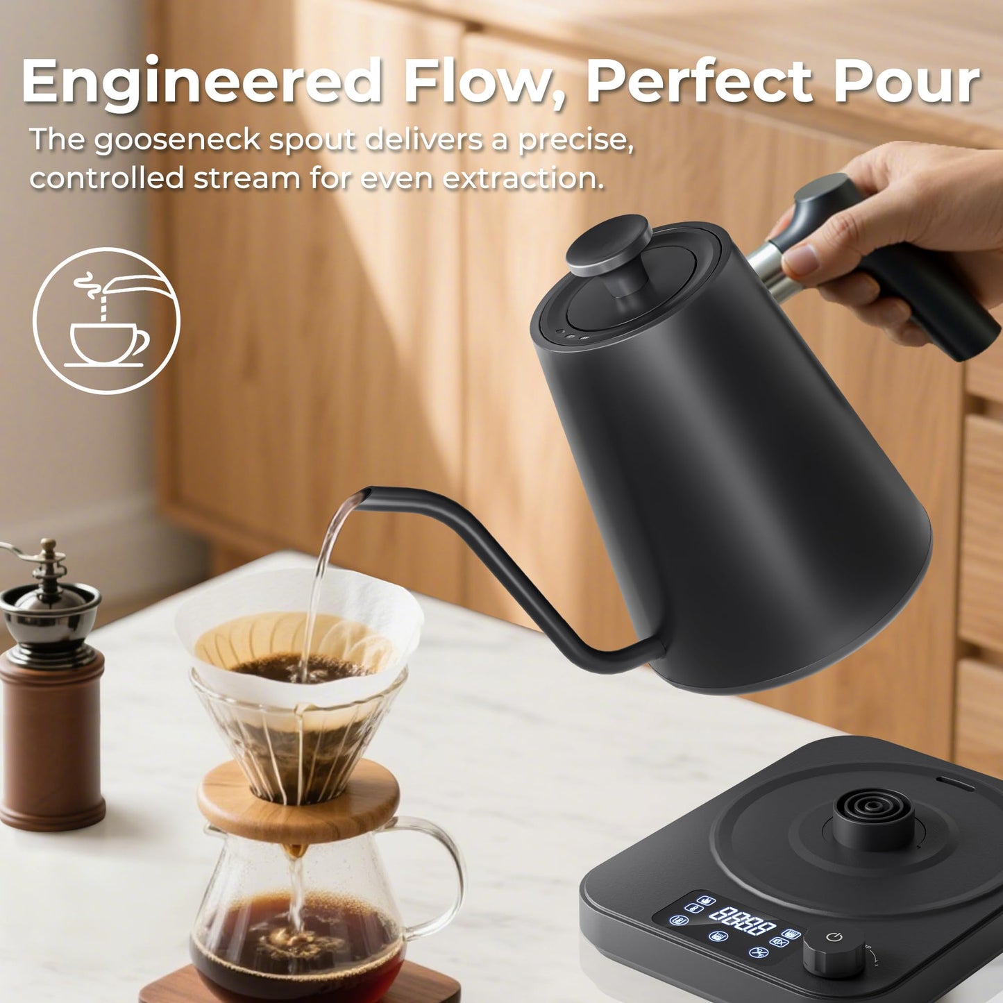 AGORVIO Gooseneck Electric Kettle, ±1°F Temperature Control, Smart Altitude Adaptation, 24H Keep Warm, 30-Min Auto Memory, Food Grade Stainless Steel, Pour Over Kettle for Coffee and Tea, 1200W/1.0L