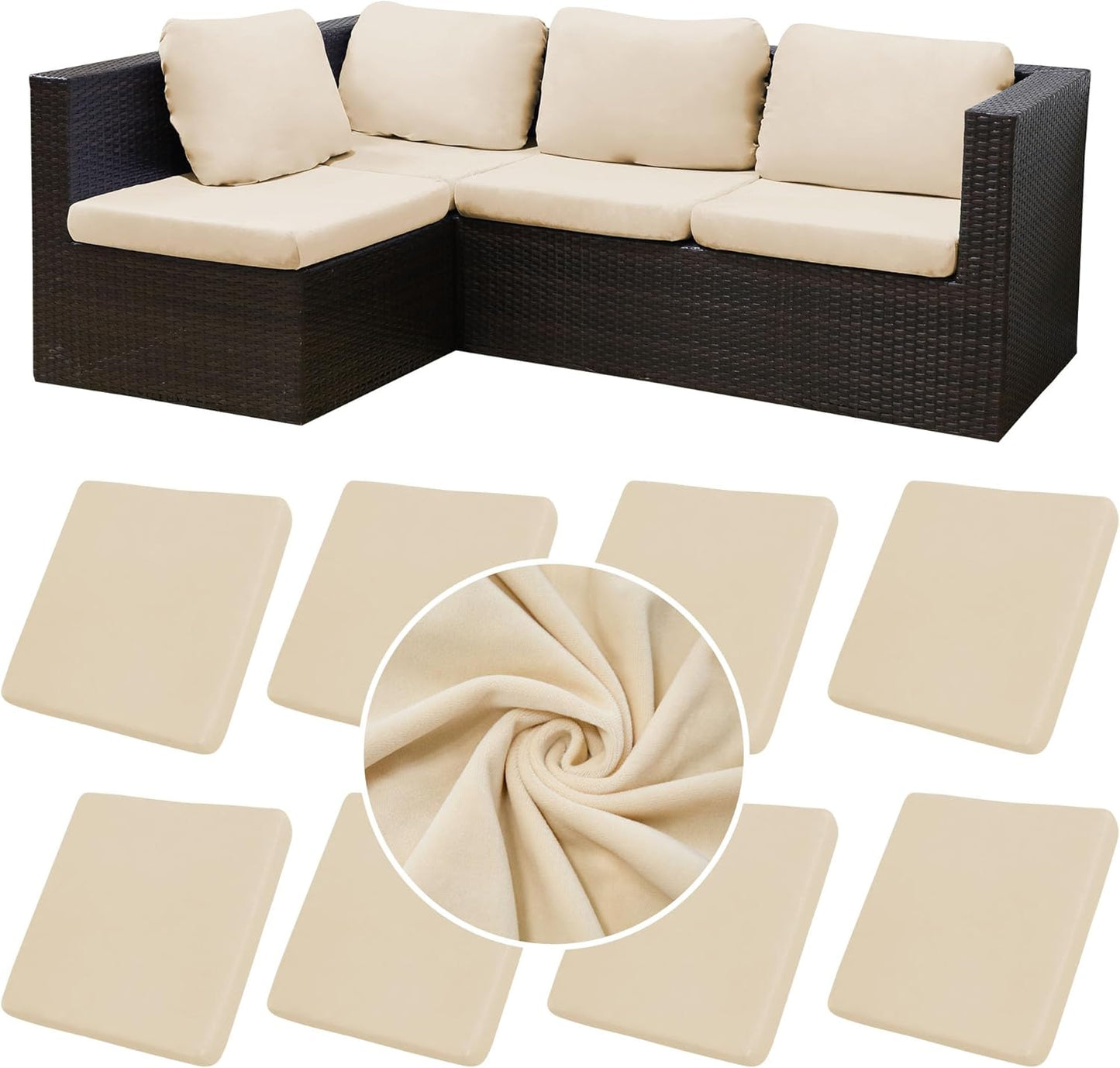 BIETYONE 8Pcs Stretch Velvet Patio Cushion Covers - Fluffy, Washable Slipcovers for Outdoor & Indoor Use | Beige