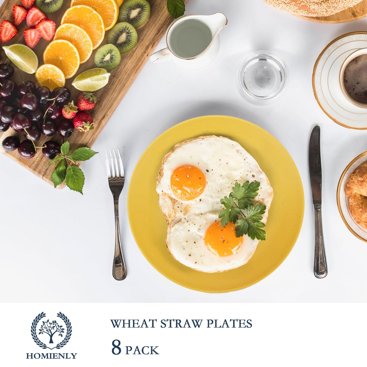Homienly Flat Dinner Plates Set - 8 Microwave & Dishwasher Safe Wheat Straw Plates, Unbreakable, 9 inch Yellow