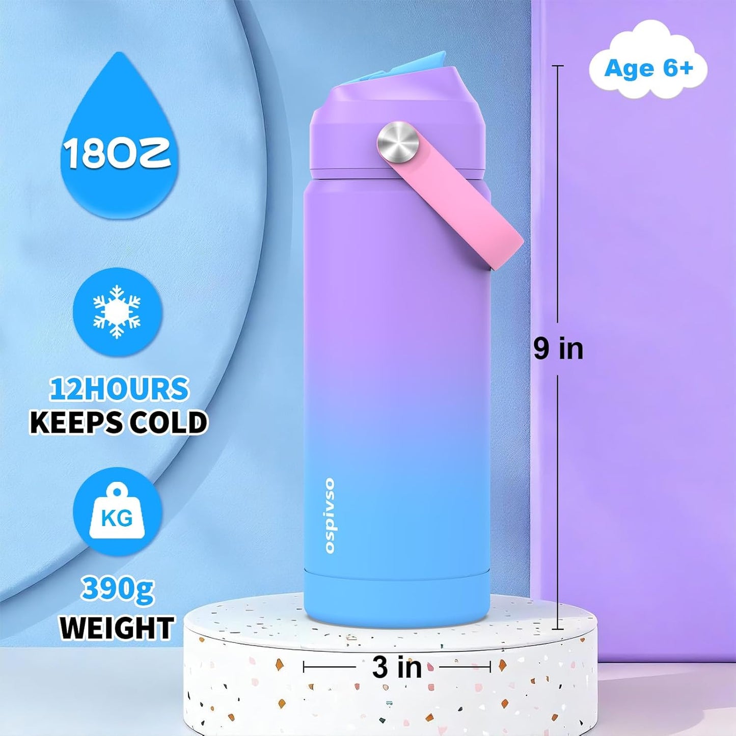 Skiennix Kids Purple Water Bottle - 18 oz Insulated Stainless Steel Cup with Straw | Leakproof Design
