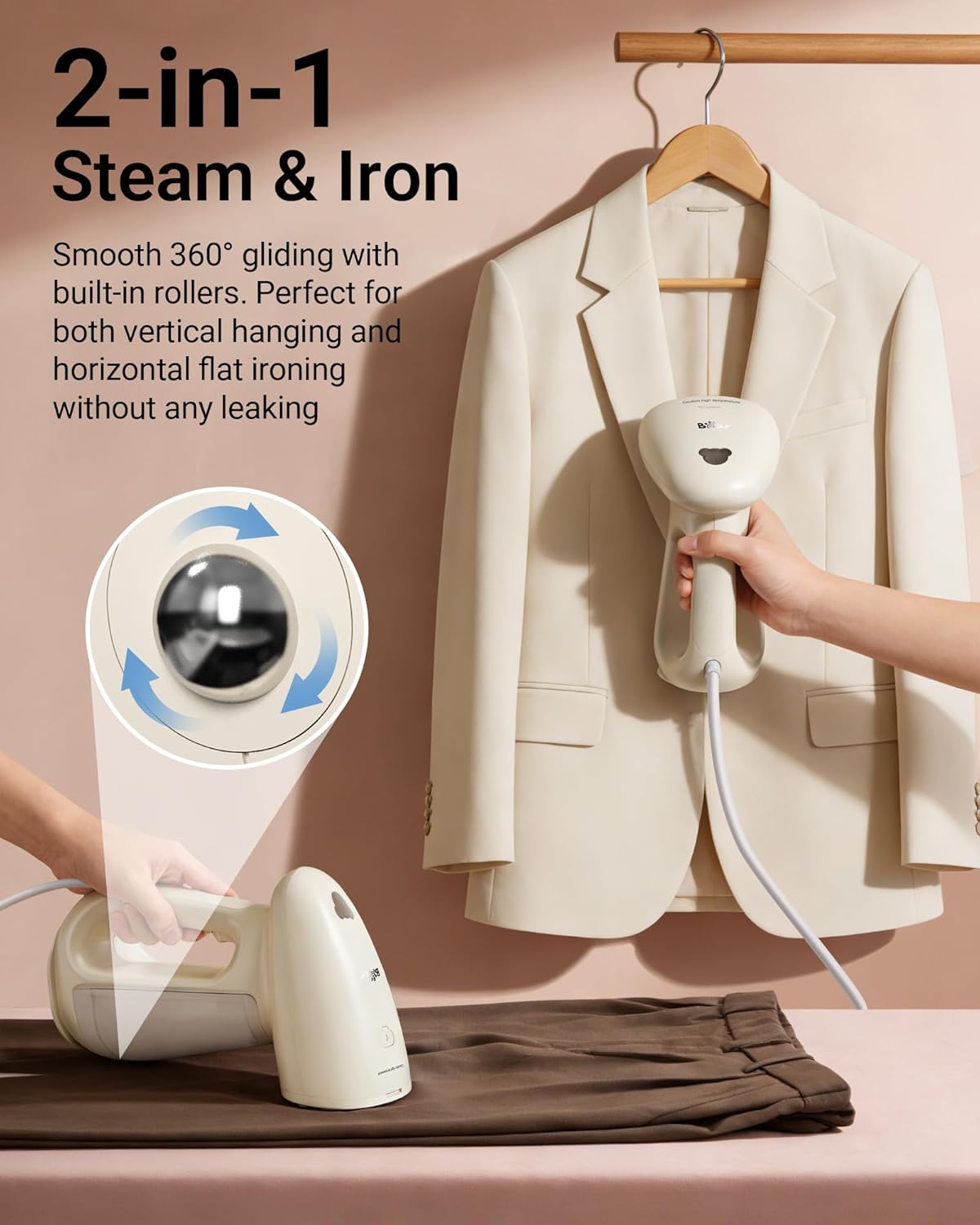 Bear Steamer Handheld Clothes Steamer - 1300W Powerful Fabric Wrinkle Remover | 230ml Tank, Fast Heat-Up