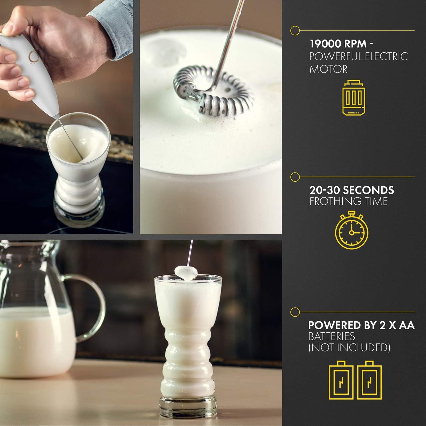 Skiennix Milk Frother - Handheld Electric Whisk with 19000 RPM - Includes Recipe Book & Stainless Steel Stand - Elegant White and Gold Design