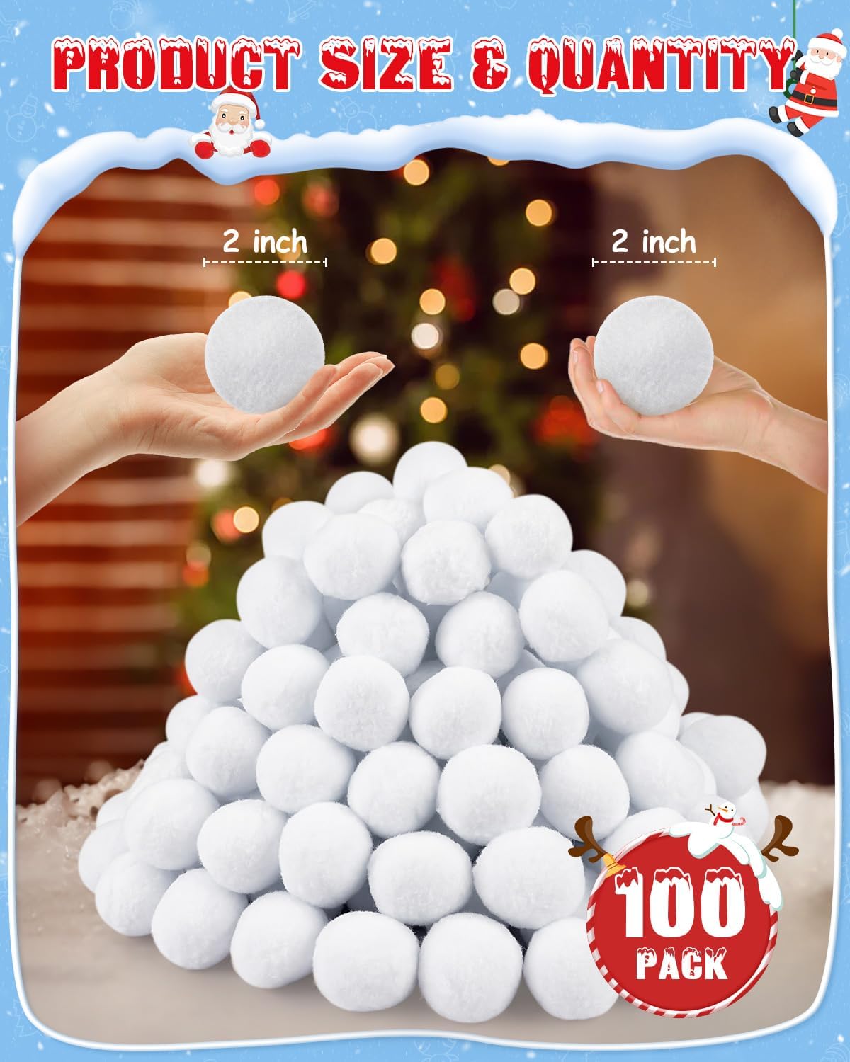 LQYoyz Snowball Fight Set - 100 Pack 2-Inch Large Fake Snowballs for Kids | Winter Party Decor & Games