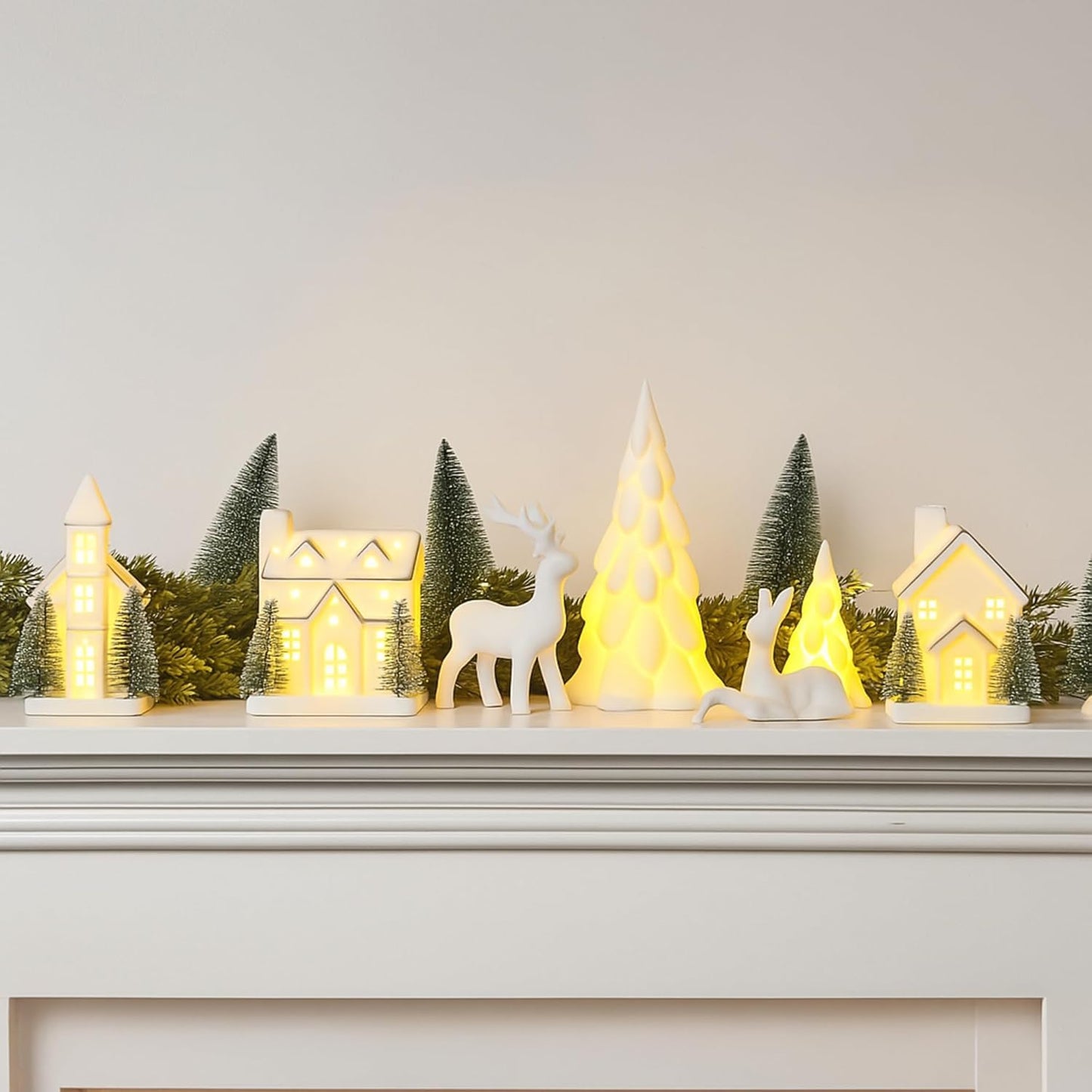 Regine Switzerland 12-Pc Ceramic Christmas Village Set - White Houses, LED Trees & Reindeer Figurines for Holiday Decor