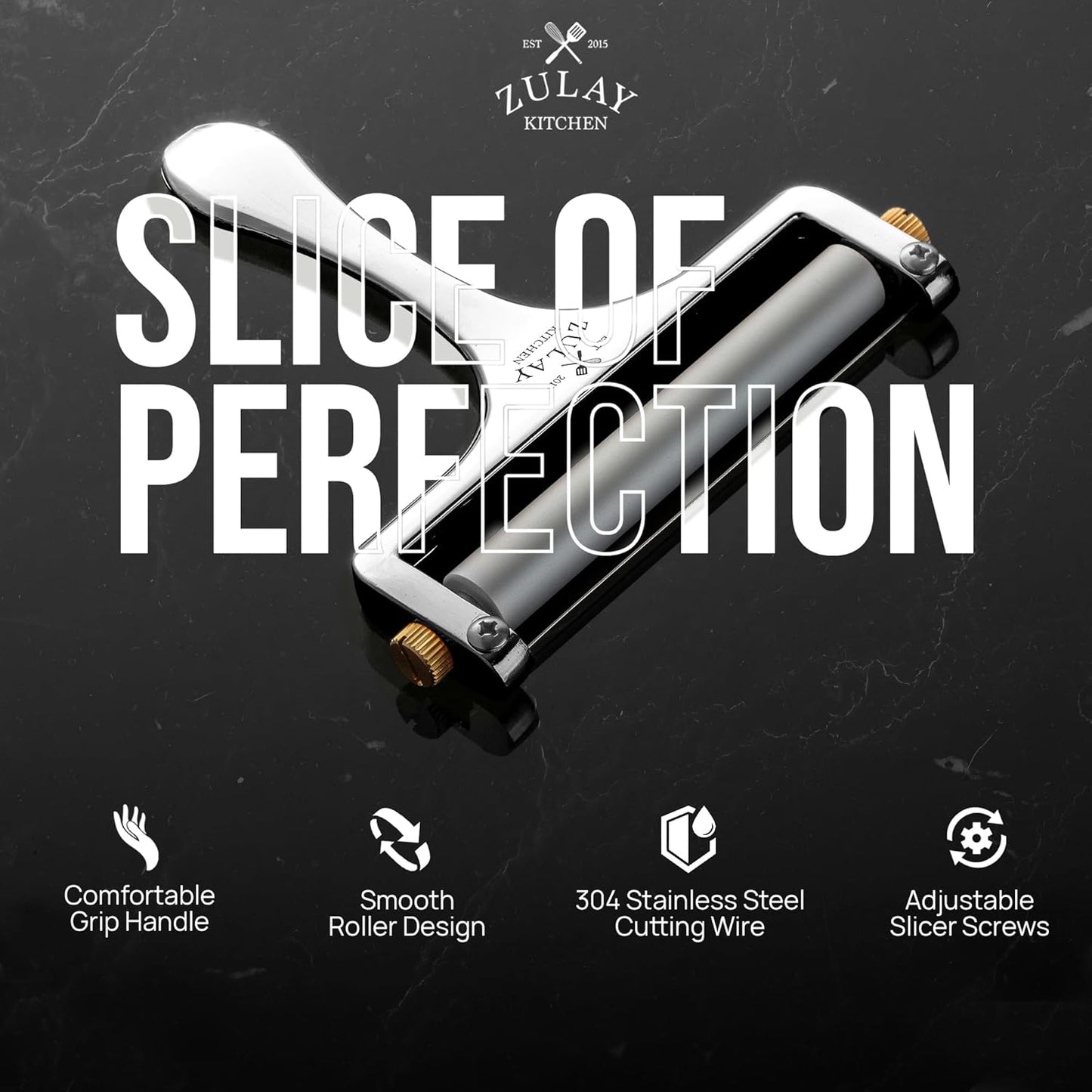 Zulay Kitchen Stainless Steel Cheese Slicer - Adjustable Handheld Cutter with 2 Extra Wires | Premium Shaver for Mozzarella, Cheddar, Gruyere - Silver