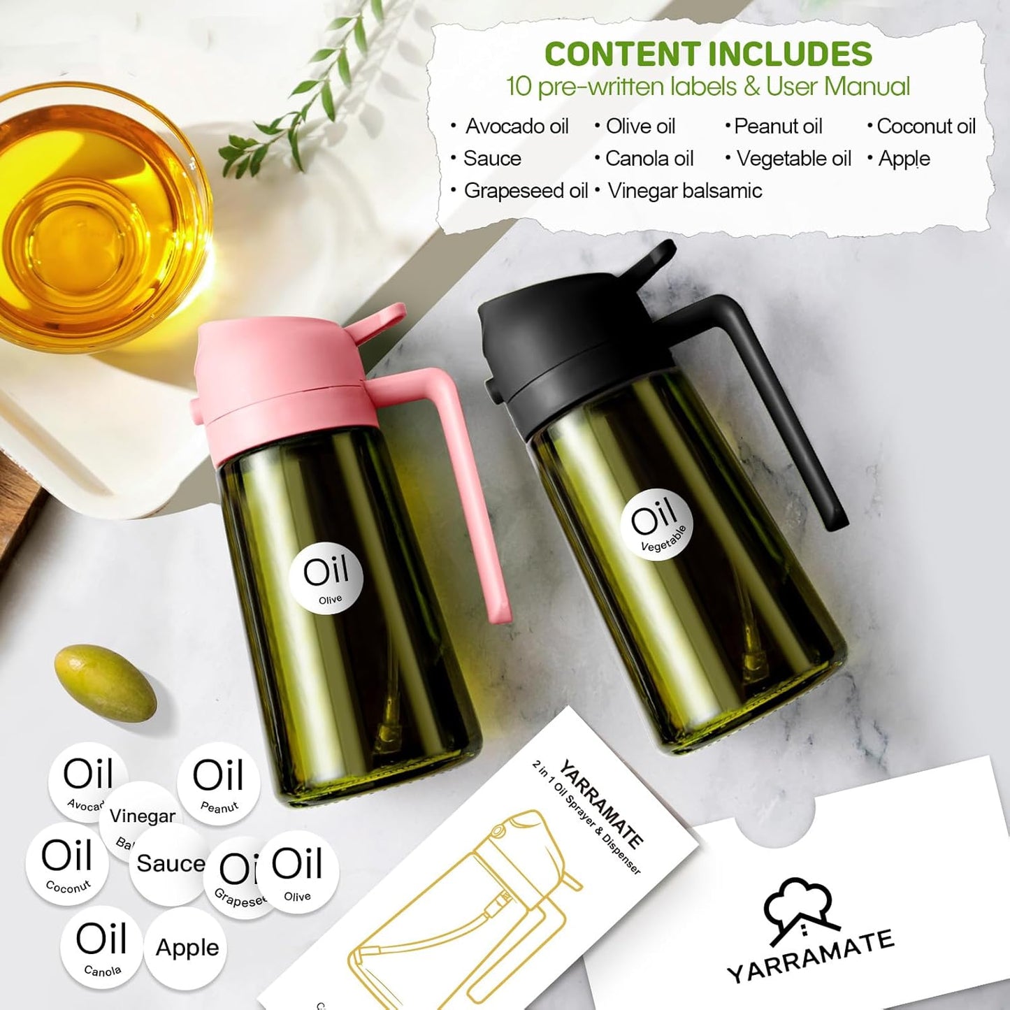 YARRAMATE 2Pcs 16oz Dark Green Oil Sprayer - Food-Grade Premium Olive Oil Dispenser for Cooking & BBQ