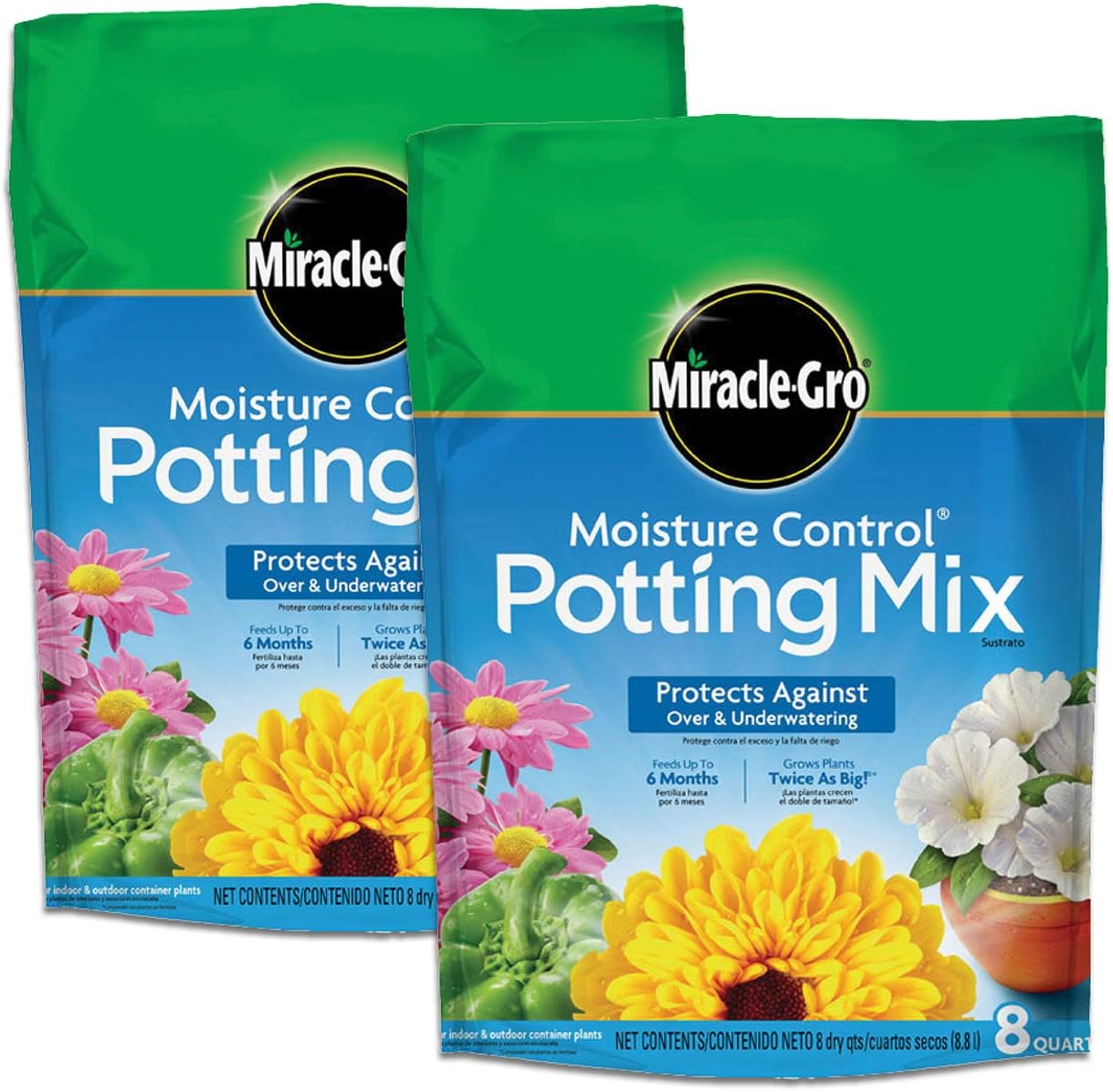 Miracle-Gro Moisture Control Potting Mix - 8 Qt. Plant Soil for Container Plants | Prevents Over- and Under-Watering (2-Pack)