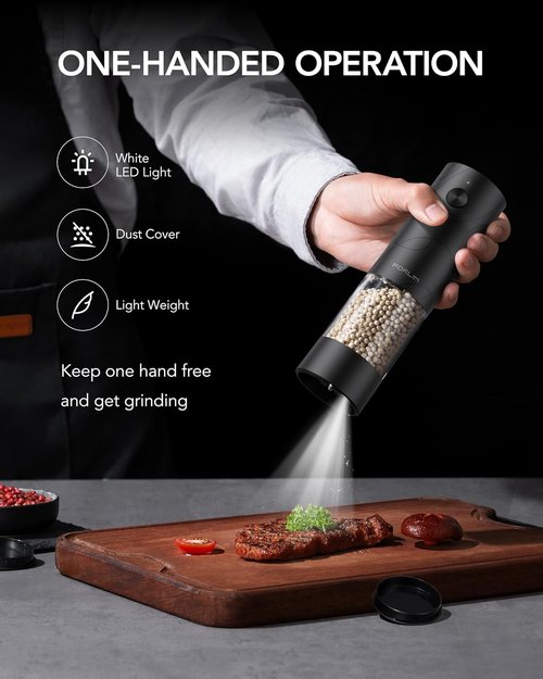 FORLIM Electric Salt and Pepper Grinder Set - USB Rechargeable, Automatic Mill with Adjustable Coarseness | 2 Pack, Black