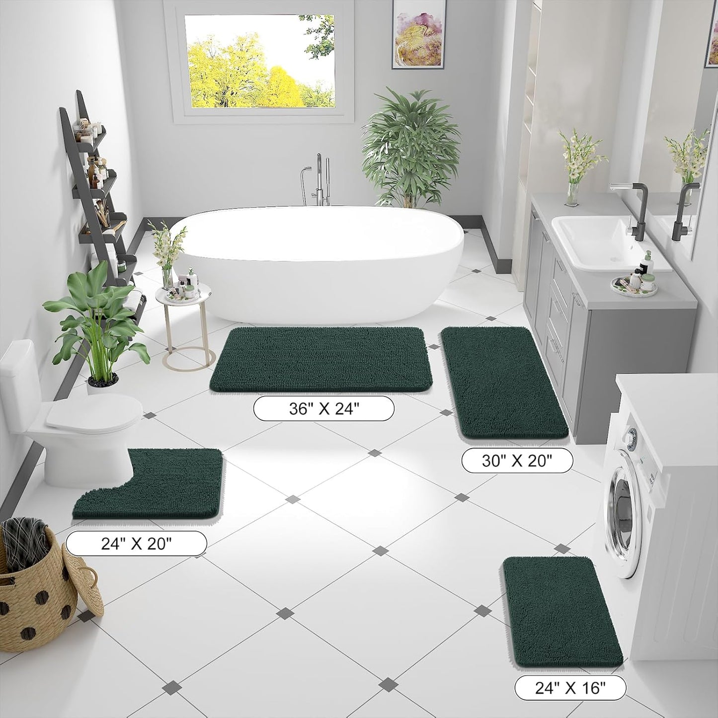 OLANLY Large Bath Rugs - Soft Absorbent Chenille with Quick-Dry Rubber Backing | 70x46 Blackish Green