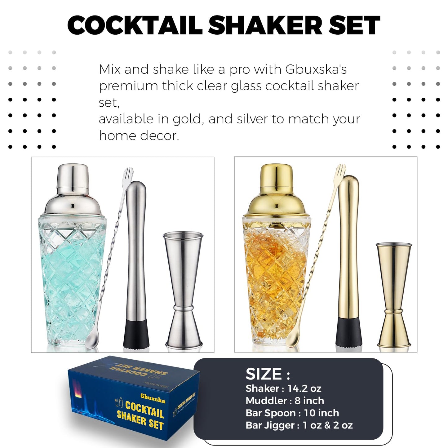Gbuxska Gold Cocktail Shaker Set - Premium Glass Bartender Kit with Measuring Jigger, Mixing Spoon, and Muddler