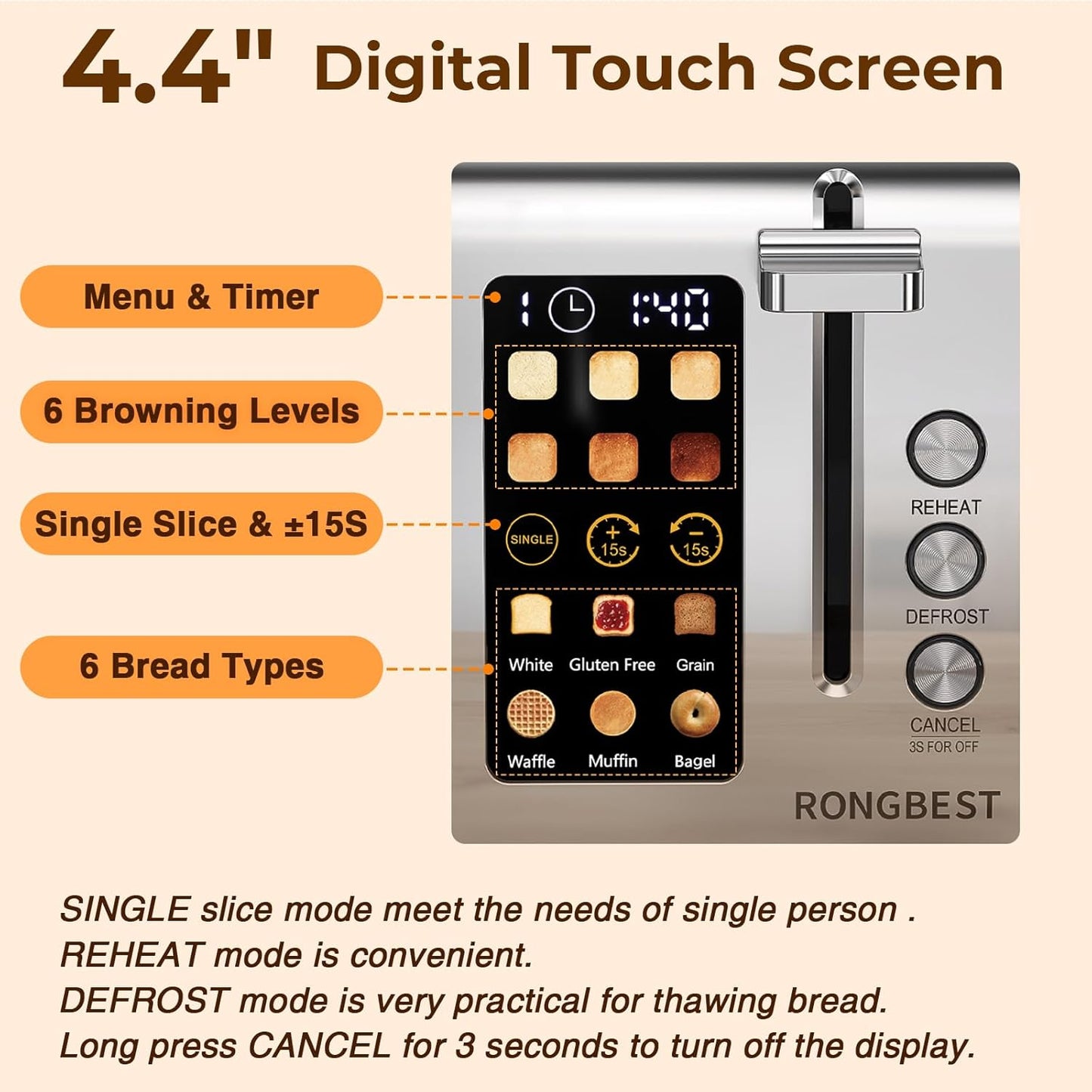 Skiennix 2-Slice Touch Screen Toaster - Wide Slots for Even Toasting, Reheat & Defrost, Silver