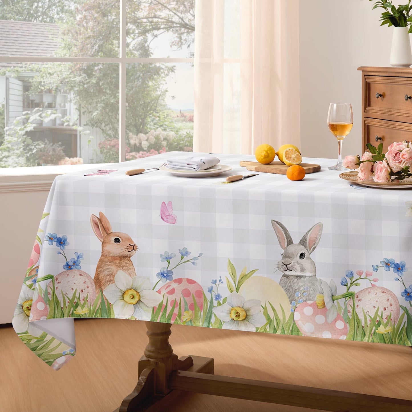 Softalker Spring Easter Tablecloth Rectangle - Bunny & Eggs Buffalo Plaid Flower Table Cloths, Stain Resistant Wrinkle Free Table Covers for Dinner/Party/Picnic/Outdoor, Grey Checkered 60 x 84 Inch
