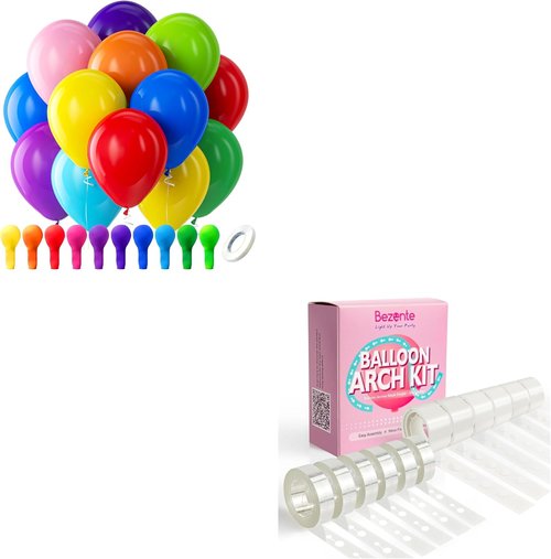 Bezente Rainbow Latex Balloons - 100 Pack with Balloon Tape Strips & Glue Dot Stickers | Party Essentials