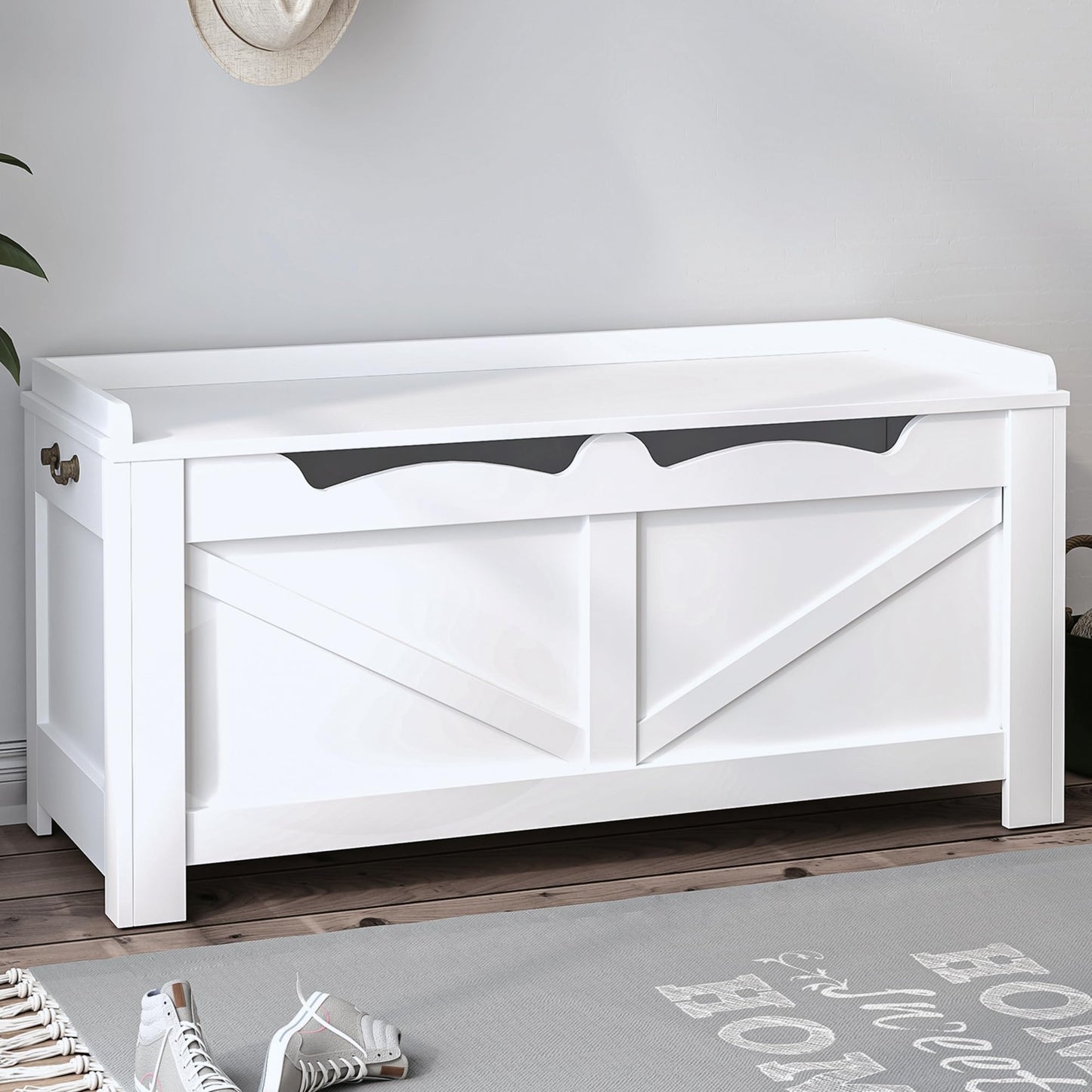 Hzuaneri 39.4" Storage Chest, Extra Large Storage Trunk with 2 Hinges, Wooden Box Bench, Lift-Top Organizer Chest, Shoe Bench for Entryway, Bedroom, Living Room, White SB04503X
