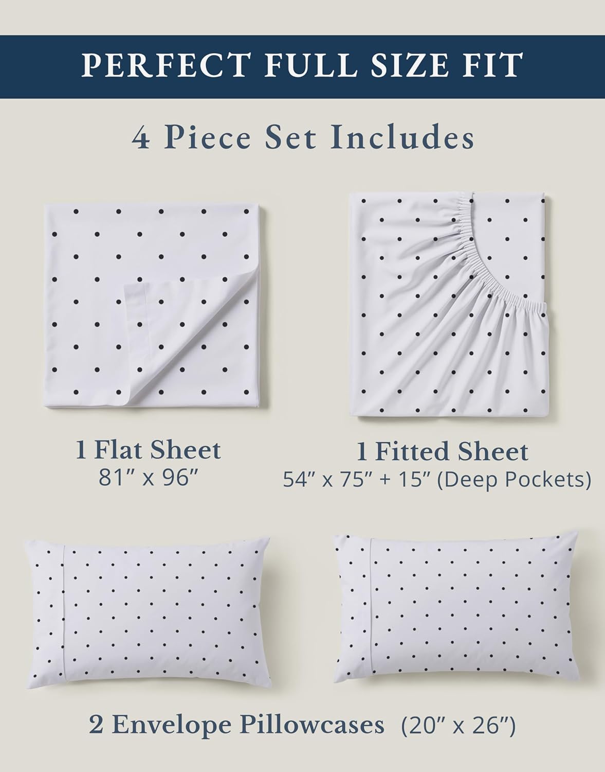 LANE LINEN 100% Organic Cotton Full Sheet Set - Soft, Comfy, Eco-Friendly Percale Bedding | Polka Dot Design