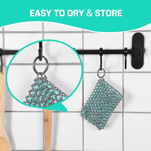 HAUSHOF Cast Iron Scrubber, Chainmail Scrubber with Silicone Core, Premium Cast Iron Cleaner for Skillet, Pan, Dutch Oven