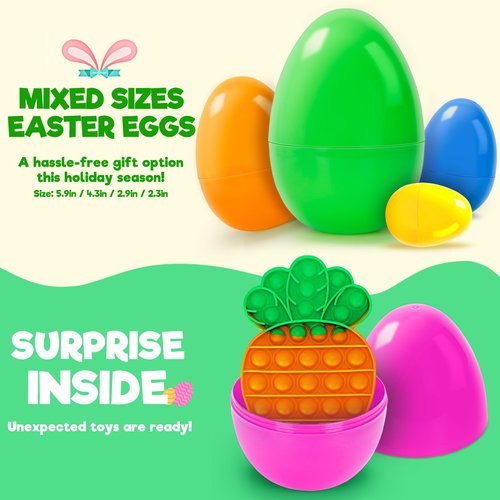 30 Pack Prefilled Easter Eggs with Toys Inside, Bulk Mix 4 Sizes Plastic Easter Eggs with Assorted Novelty Toys, Filled Surprise Eggs for Easter Hunt, Easter Basket Stuffers, Party Favors for Kids