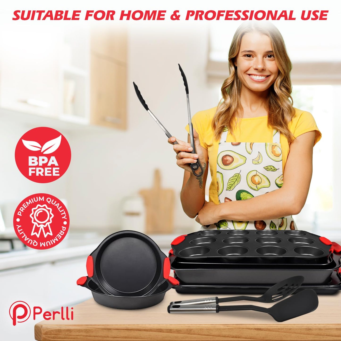 PERLLI Non-Stick 17-Piece Baking Pan Set, BPA-Free Carbon Steel Bakeware Set with Silicone Handles, Stackable Kitchen Oven Set, Cookie Sheet, Baking Tray, Baking Sheet Set, Utensils, Oven Safe (446°F)