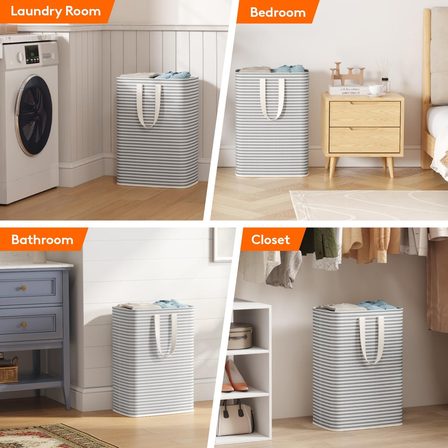Lifewit 2 Pack Laundry Basket 65L Each, Collapsible Clothes Hamper with Reinforced Handles, Freestanding Waterproof Design for Bedroom and Laundry Room, Grey 130L Total